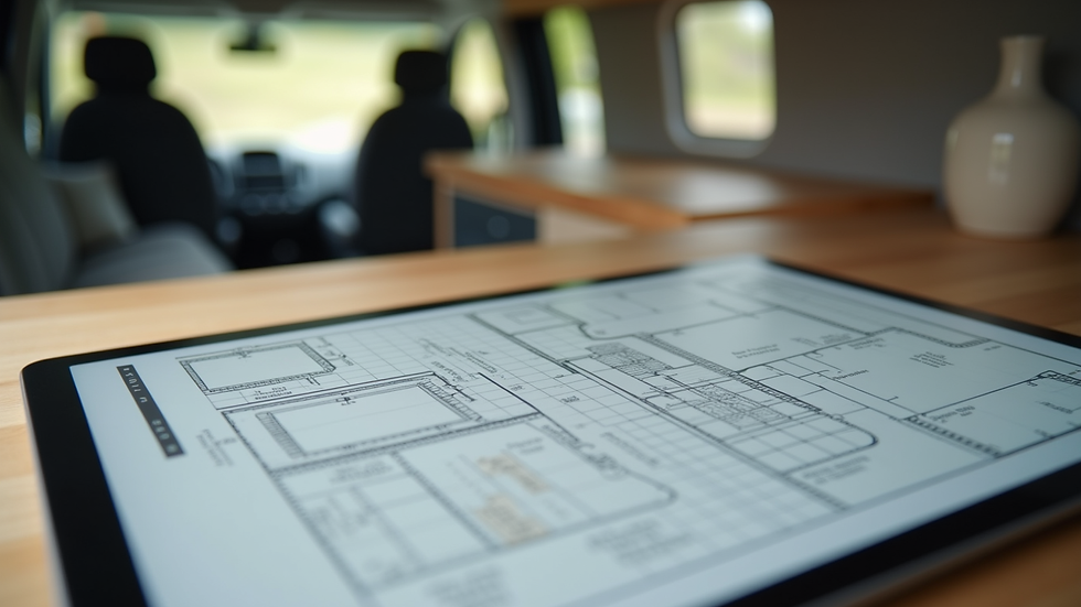 Close-up view of a campervan interior layout plan on a tablet