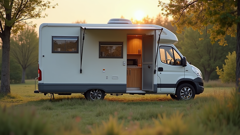Weitwinkelaufnahme eines selbst ausgebauten Campers mit eingebauter Küche