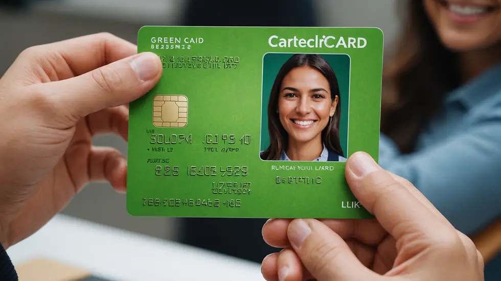 Una persona que sostiene con una sonrisa su Tarjeta Verde recibida