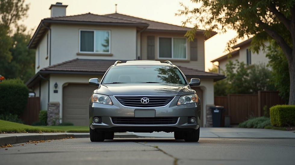 Eye-level view of a mobile notary's car parked outside a residential home