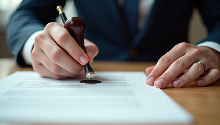 Close-up view of a notary public stamping a document with a seal