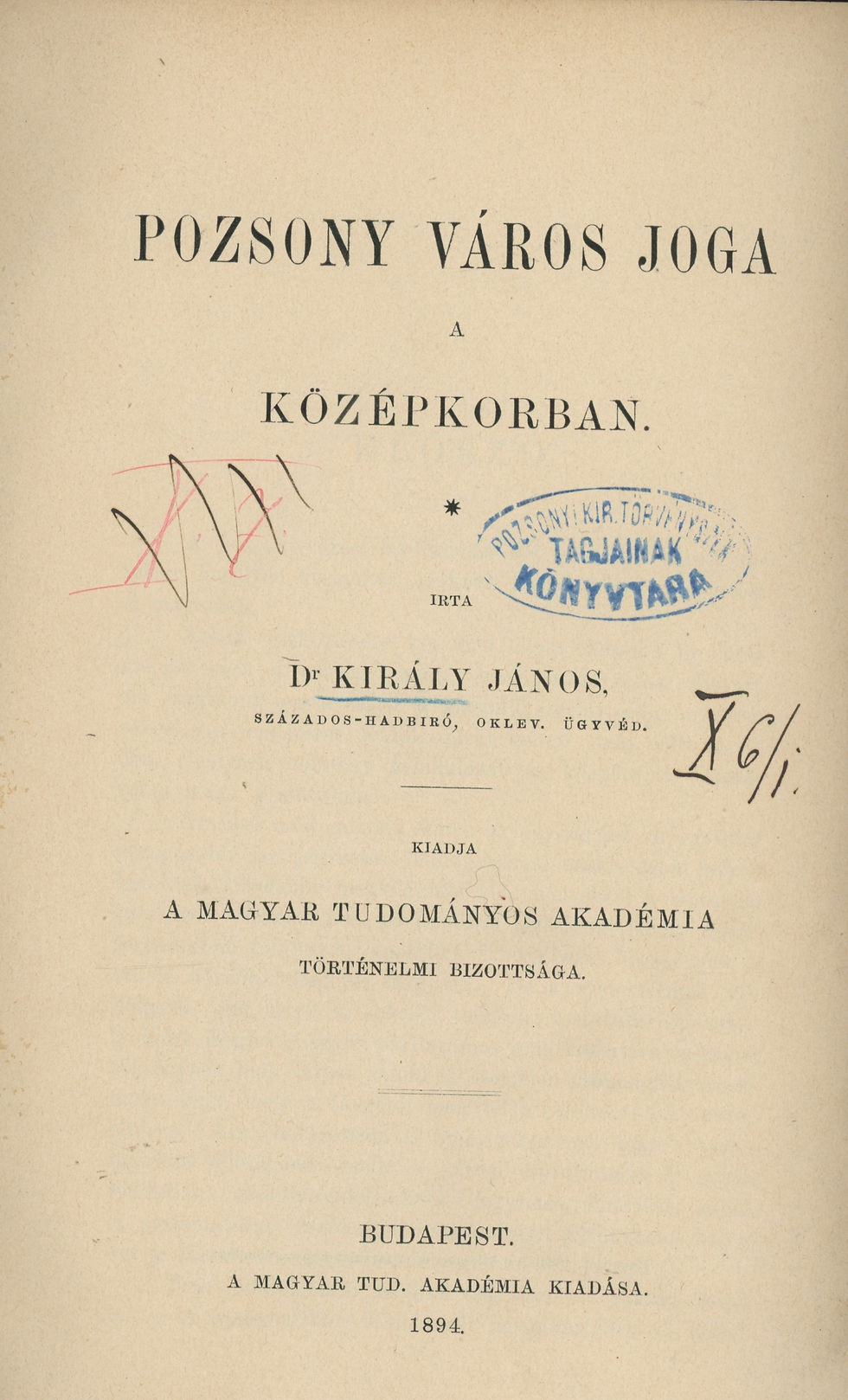 Király János, Pozsony város joga a középkorban