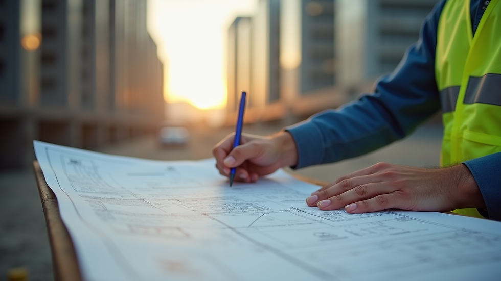 Close-up view of a construction worker inspecting building plans on site