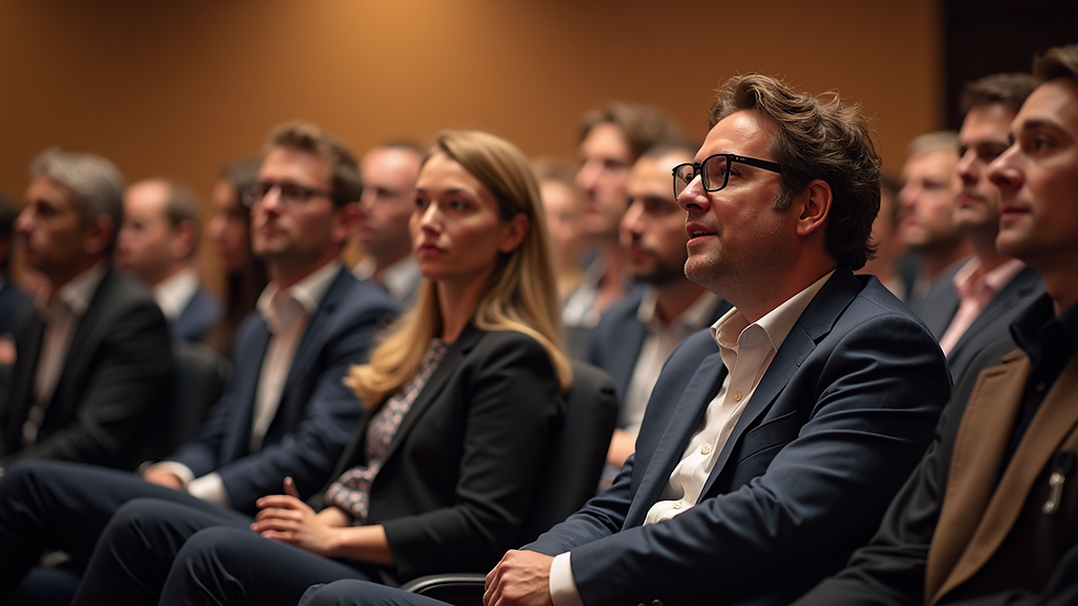Wide angle view of a conference hall filled with engaged attendees