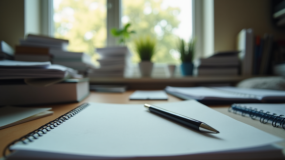 Eye-level view of a cluttered office desk with a notebook and pen for documentation
