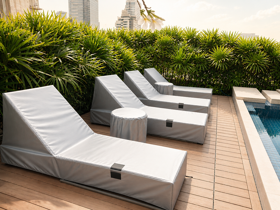 Poolside loungers with waterproof furniture covers