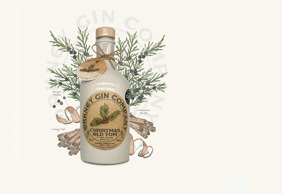 Orkney Gin Company Christmas Old Tom, Special Edition Christmas Gin bottle with botanical painting and logo surrounding