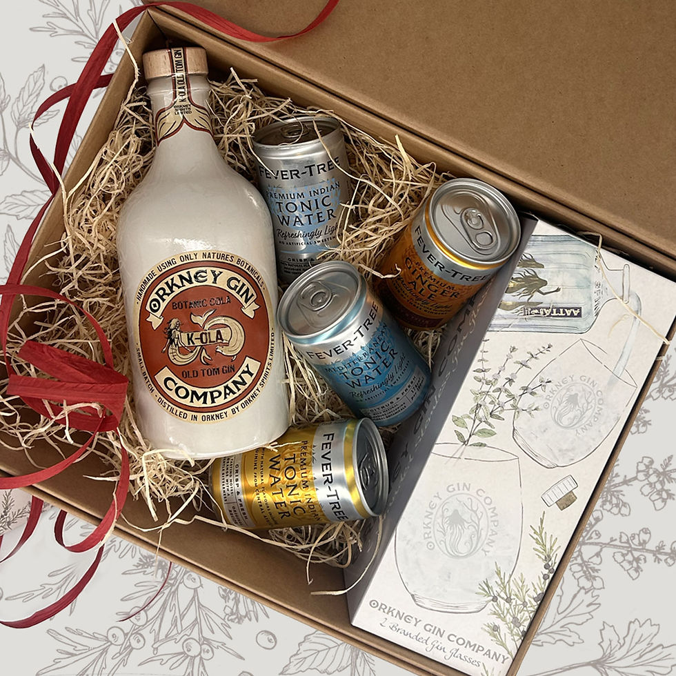 K-Ola Old Tom Cola Elixir Gin Hamper/Gift Set by Orkney Gin Company, opened with mixers and glasses