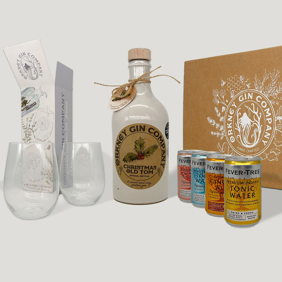 Christmas Old Tom Hamper Gift Box by Orkney Gin Company contents with glasses and mixers