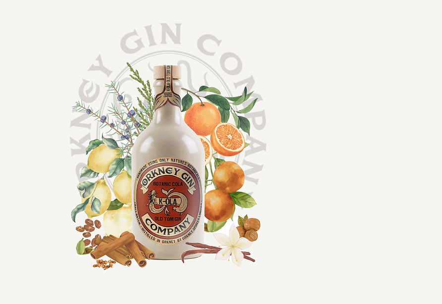 Orkney Gin Company K-Ola Old Tom Cola Gin bottle with botanical painting and logo surrounding