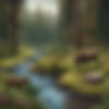 Beautiful realistic Oregon forest thick with trees and creeks flowing and animals drinking