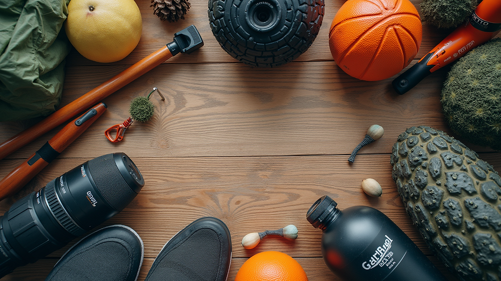 High angle view of a variety of outdoor sports equipment arranged on a wooden surface