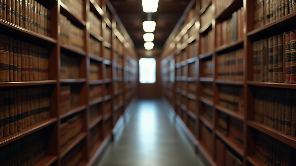 Eye-level view of a legal library filled with law books