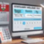 Illustration of a statutory holiday pay calculator on a computer screen with input fields for 'Regular Wages,' 'Vacation Pay,' and 'Hours Worked,' along with a button to calculate results. A calendar with marked statutory holidays and an Ontario flag are displayed in the background, set on a tidy office desk.