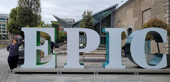 Large white EPIC museum sign in Dublin city square.