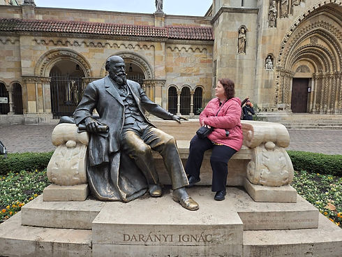 Woman in pink jacket sitting by Darányi Ignác statue