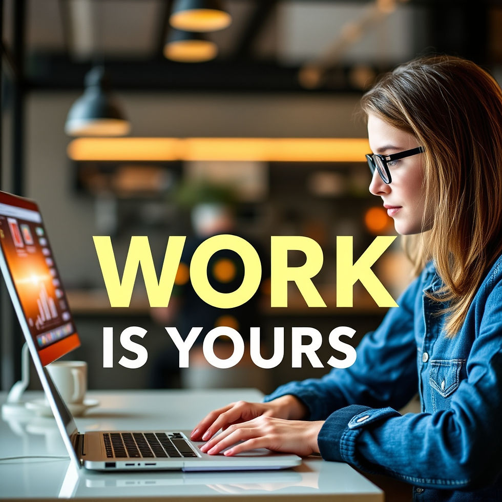 Woman in glasses typing on a laptop in a cafe, with "WORK IS YOURS" text overlay. Warm lighting and a focused mood.