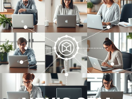 A diverse group of professionals working remotely from different locations (home offices, cafes) on laptops, connected via a network of dotted lines to a central icon. The image symbolizes a cohesive, connected remote team working effectively together.