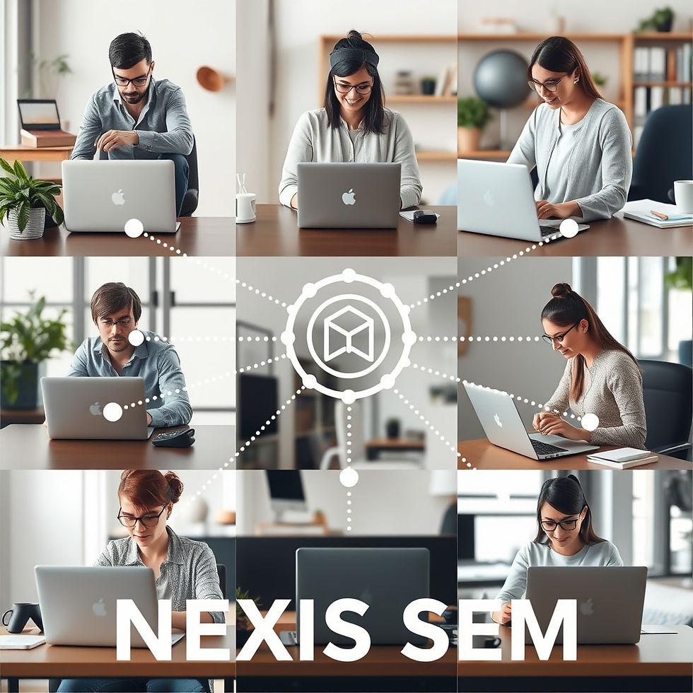 A diverse group of professionals working remotely from different locations (home offices, cafes) on laptops, connected via a network of dotted lines to a central icon. The image symbolizes a cohesive, connected remote team working effectively together.