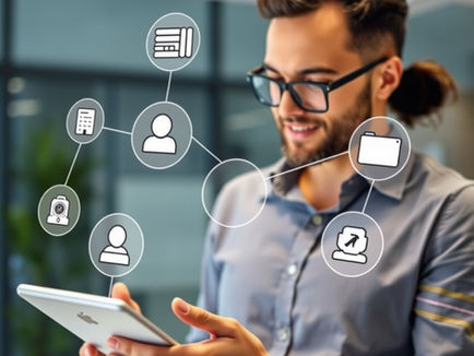 A small business owner or manager using an AI-powered tool on a tablet, with icons representing data analysis, customer support, and marketing automation floating around the device. The background is a modern, clean office space.