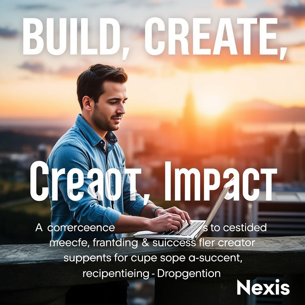 Man using a laptop on a rooftop at sunset, with city skyline. Text: "Build, Create, Impact." Logo: "Nexis." Energetic and creative mood.