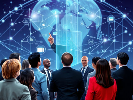 A professional, modern image depicting elements of strategic leadership in the digital age. This could include a diverse group of people (representing a team) looking at interconnected holographic projections or data visualizations. A central figure (representing the leader) stands confidently, pointing towards a clear path or future vision. The background might show abstract digital lines or a global network. Colors should be modern and professional, conveying clarity and forward momentum.
