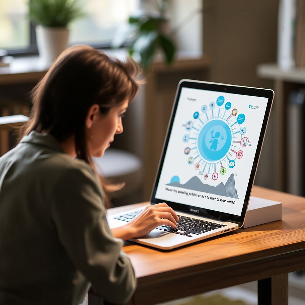 A woman is engrossed in her work on a laptop displaying a detailed circular infographic, amidst a serene indoor setting with natural light and a potted plant.