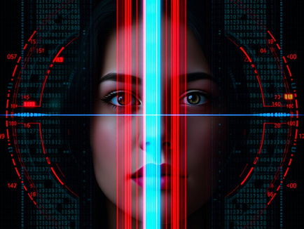The image depicts a woman's face centrally, bisected by a bright vertical beam of light that transitions from red on the left to blue on the right. Her eyes are open and looking forward. Surrounding her face is a dark background filled with what appears to be digital code or data, predominantly in shades of red and blue, suggesting a digital or virtual environment. Red, glowing lines and numerical readouts form a reticle-like or targeting overlay, especially around the edges of the image, further emphasizing a technological or surveillance theme. The overall impression is one of digital immersion, data, and perhaps a futuristic or cybernetic context.