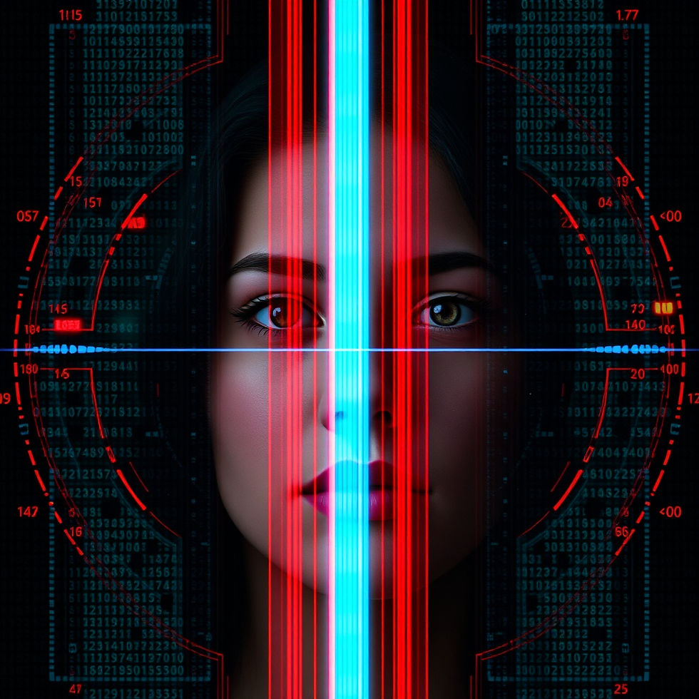 The image depicts a woman's face centrally, bisected by a bright vertical beam of light that transitions from red on the left to blue on the right. Her eyes are open and looking forward. Surrounding her face is a dark background filled with what appears to be digital code or data, predominantly in shades of red and blue, suggesting a digital or virtual environment. Red, glowing lines and numerical readouts form a reticle-like or targeting overlay, especially around the edges of the image, further emphasizing a technological or surveillance theme. The overall impression is one of digital immersion, data, and perhaps a futuristic or cybernetic context.