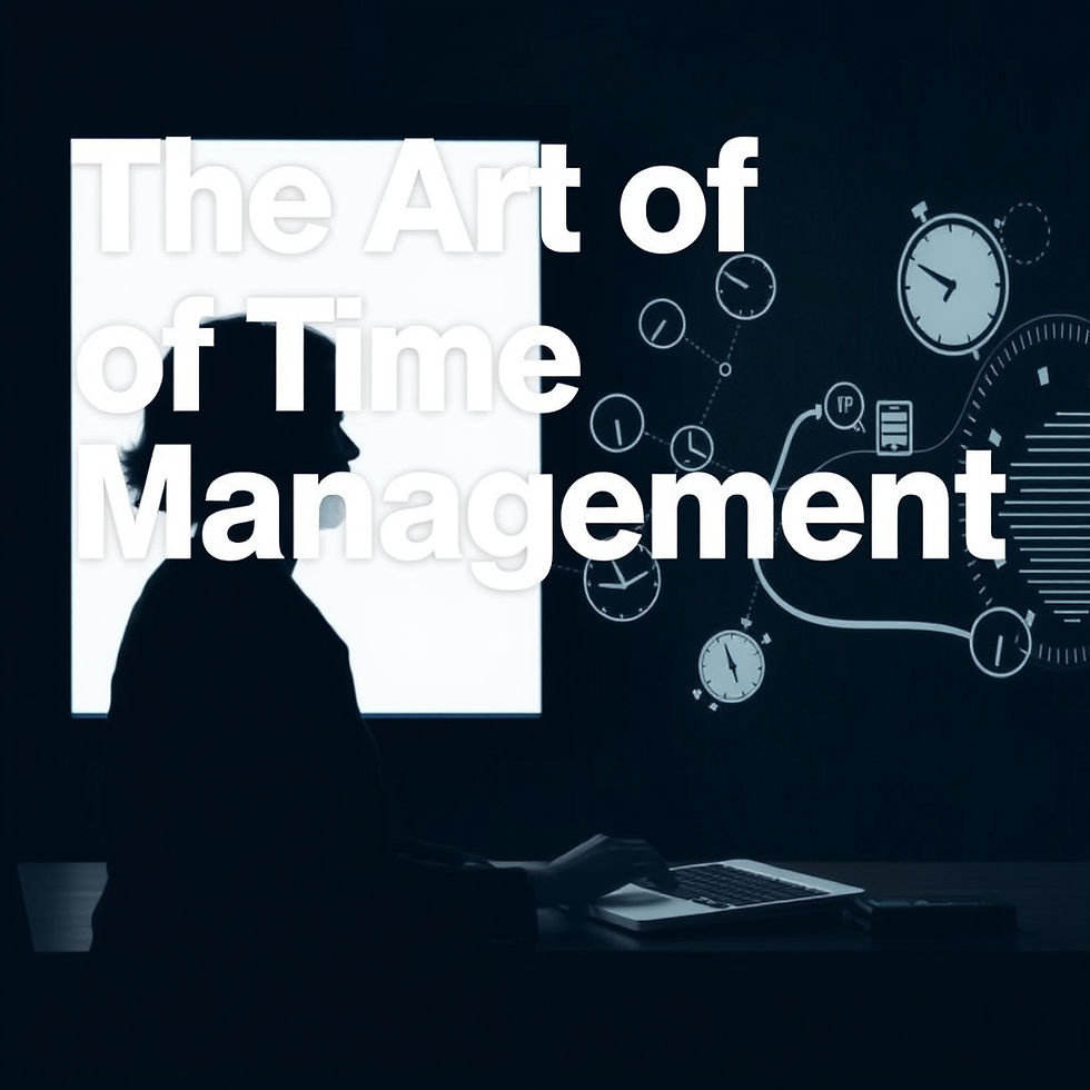 A silhouette of a person working at a laptop, surrounded by floating clock faces and digital icons, illustrating the theme "The Art of Time Management" amidst a dynamic flow of data and time.