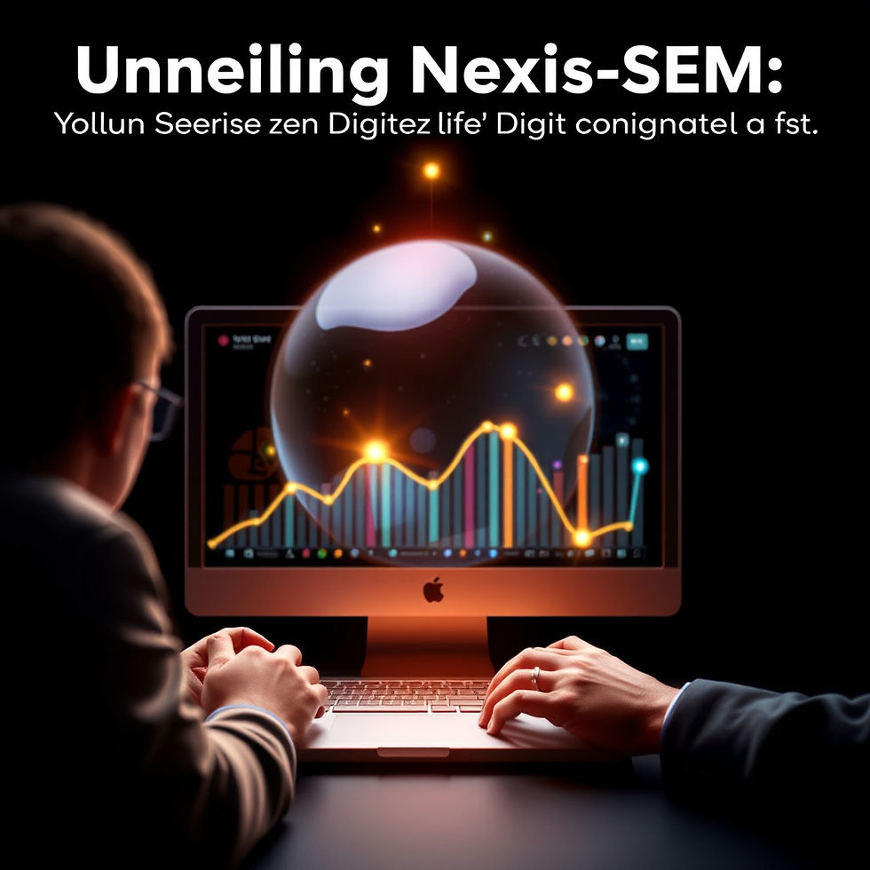 Two individuals collaborate on unveiling Nexis-SEM, depicted by a glowing 3D sphere and dynamic bar and line graphs on a desktop display, symbolizing innovative data visualization.