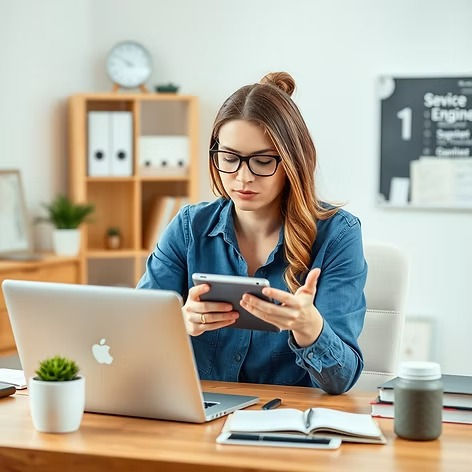 Woman in glasses works at a desk with a laptop and phone. Office setting with shelves, plants, and a chalkboard in the background.