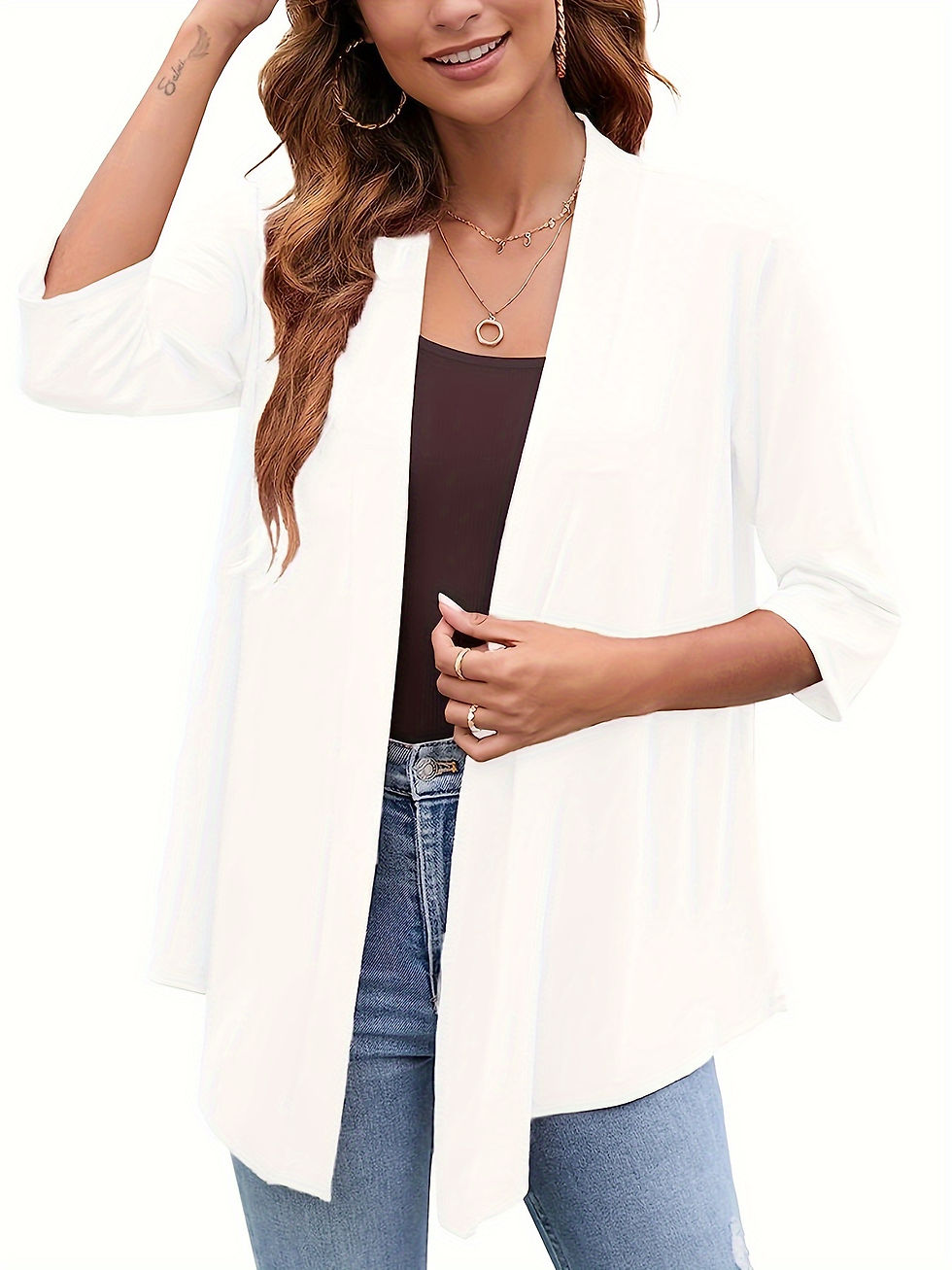 Thumbnail: Plus Size Women's Lightweight Open Front Cardigan - Casual 3/4 Sleeve Soft Drape