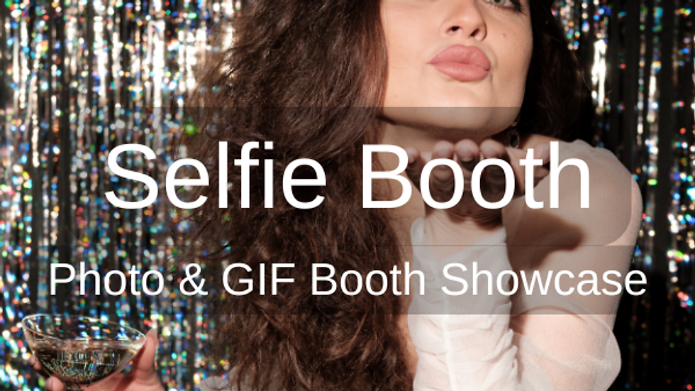 Eye-level view of a sleek photo booth setup with a shimmering sequin backdrop at a Central Texas party