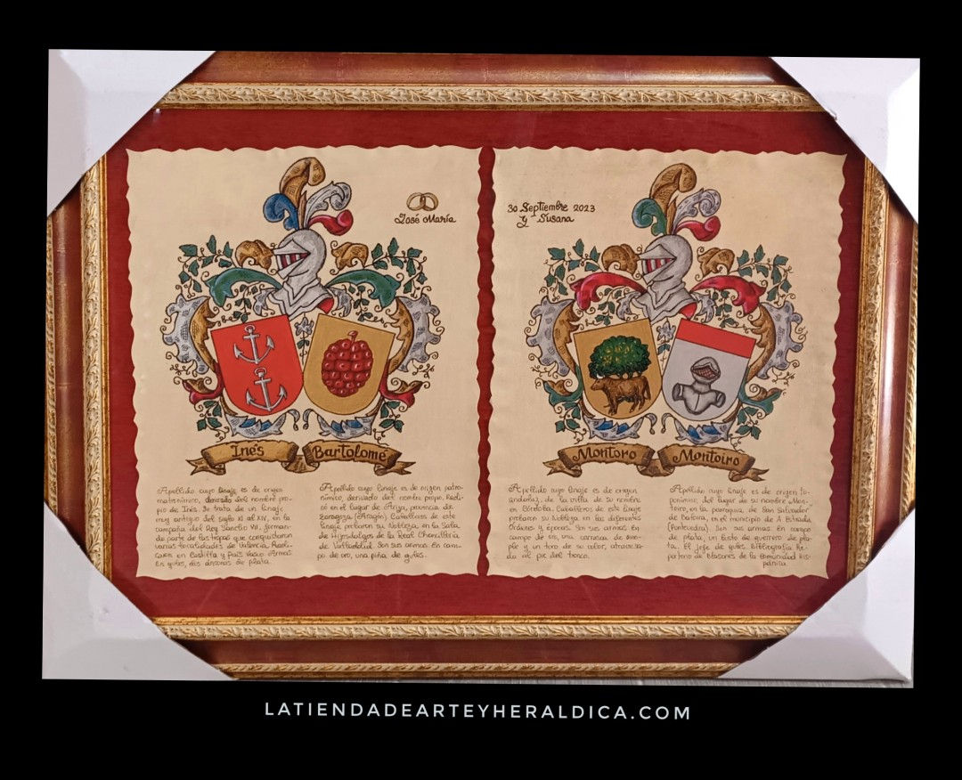 Cuadro con 4 apellidos en  pergamino pintado a mano 75 x 95 cm