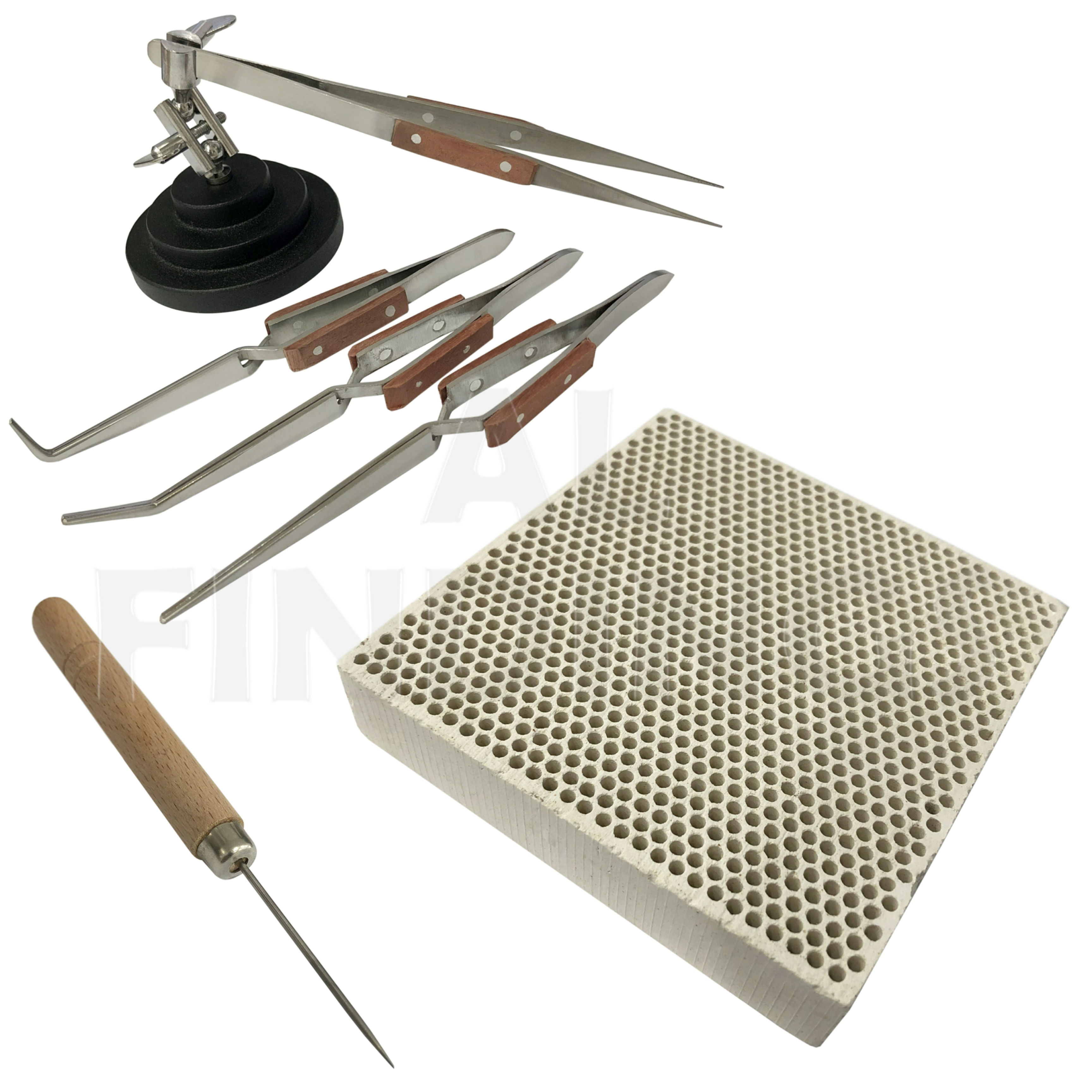 3rd Hand Base Vice & 4 Angled Tweezers + Honeycomb 100x00 Board + Pick