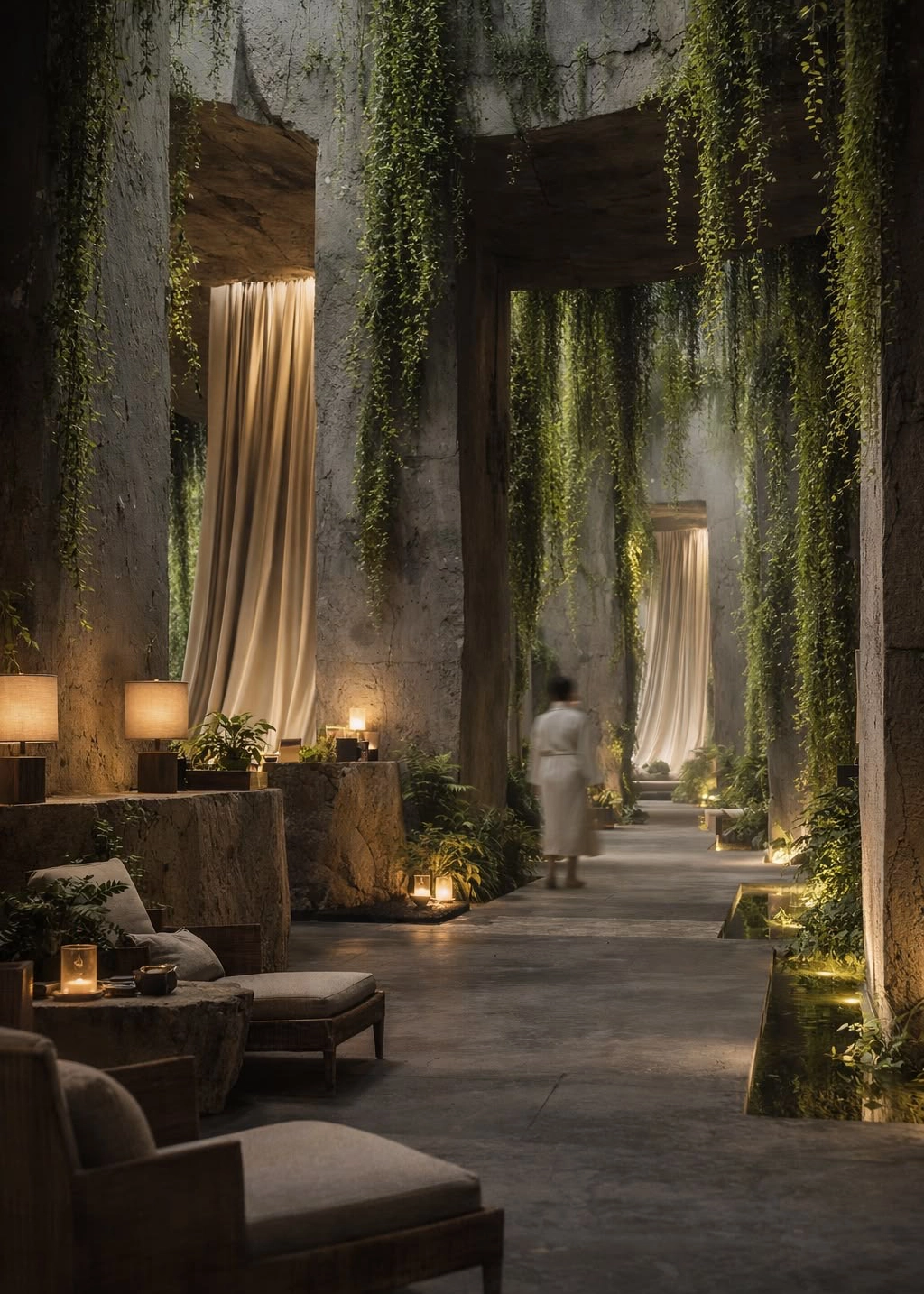A calm, biophilic corridor with soft warm lighting, natural stone textures and greenery cascading from above; a person walking slowly through the space, creating a quiet, almost meditative atmosphere where the environment gently guides the pace and state