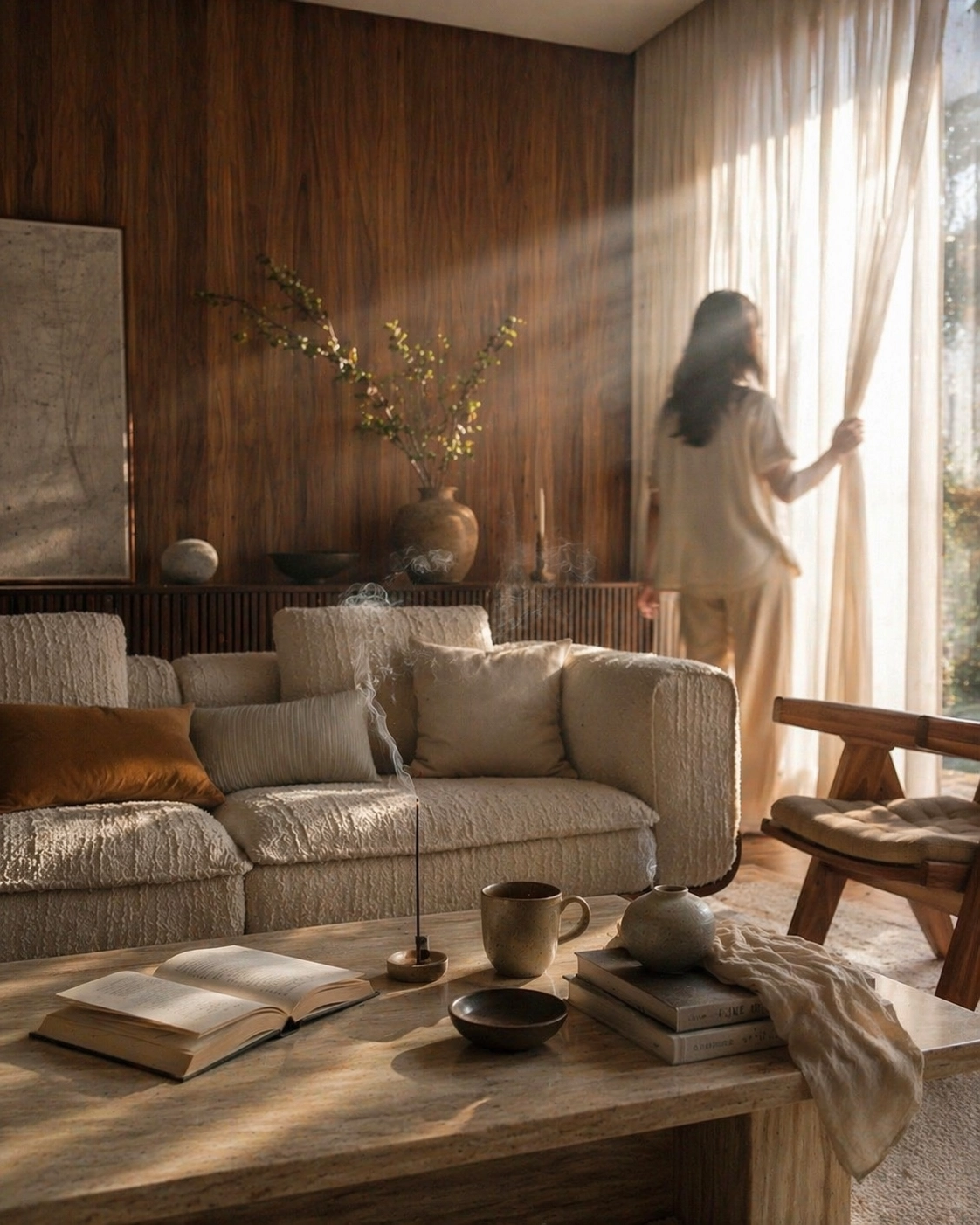Woman standing by a window in a warm minimal living room, soft sunlight entering through curtains, natural materials, cozy interior, human-centered design, женщина у окна в теплой гостиной с мягким солнечным светом и натуральными материалами, mujer junto a ventana con luz natural suave en interior cálido minimalista