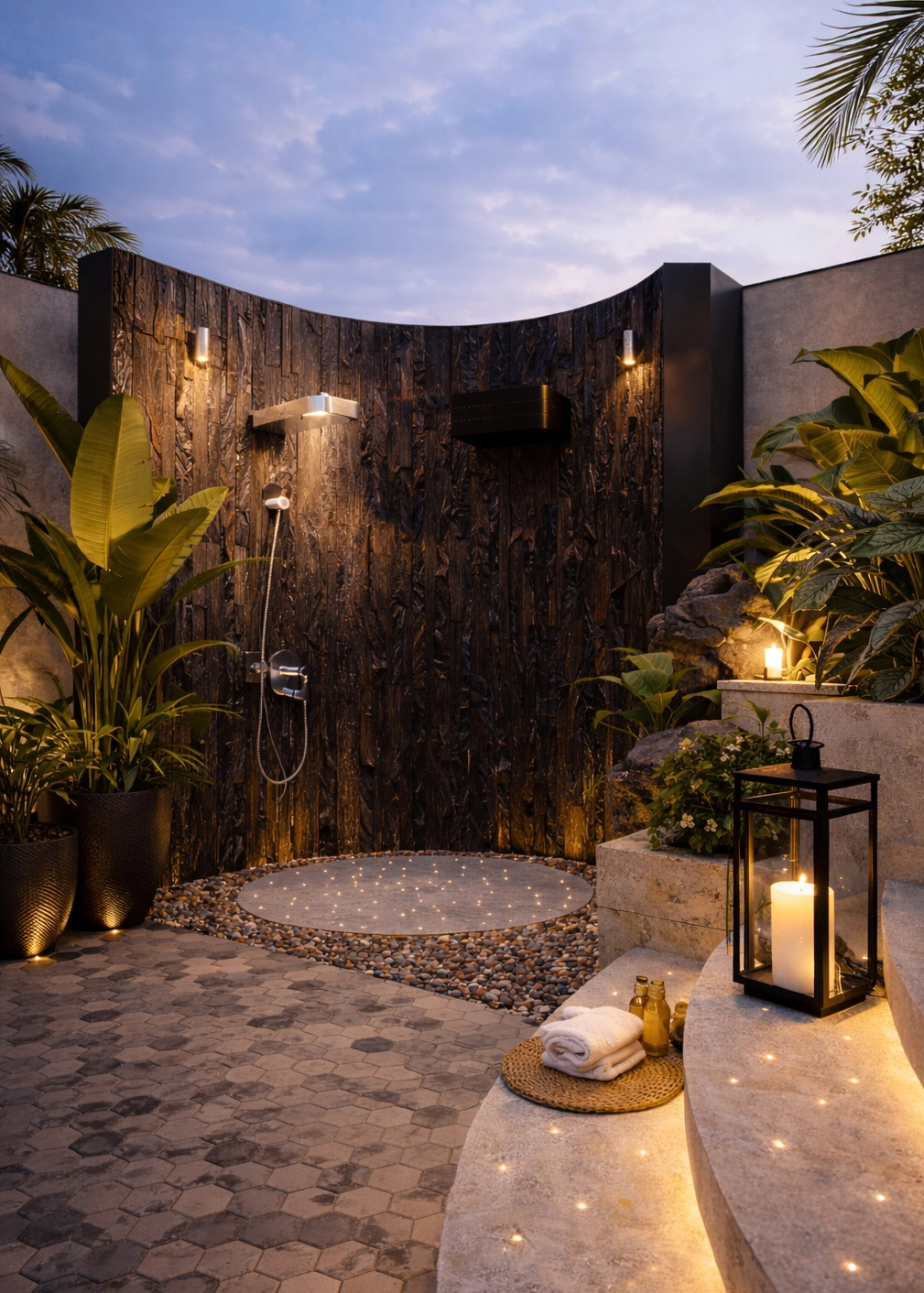 Outdoor shower in a tropical-inspired courtyard with warm lighting, natural stone, candles and greenery, spa-like atmosphere, biophilic design, exterior bathroom with wood textured wall and soft ambient light, уличный душ в тропическом дворе с теплым светом, камнем и растениями, атмосфера спа, ducha exterior en patio tropical con iluminación cálida, piedra natural y vegetación, ambiente spa