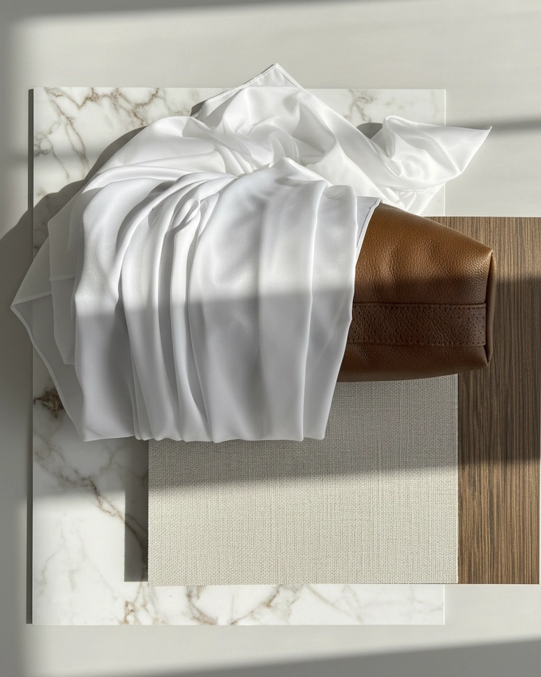 White fabric draped over a bench with marble, wood and textile layers, soft natural light, minimal luxury interior composition, tactile materials, белая ткань на скамье с мрамором и деревом, мягкий свет, тактильные материалы, tela blanca sobre banco con mármol y madera, luz suave, composición interior minimalista