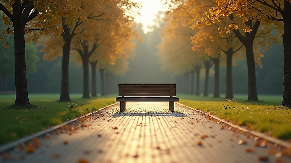 Eye-level view of a serene outdoor space with a bench and trees
