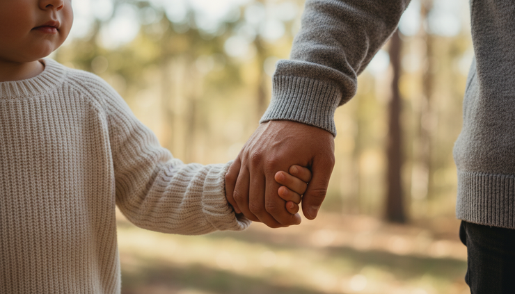 Close-up of a child holding a parent’s hand during a quiet family photo session.