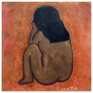 graphic and illustrative figure painting of a girl facing away from the viewer, sad, moody, introspective, self-healing. girl has black hair, brown skin, looks latin, Indian, POC, Caribbean.