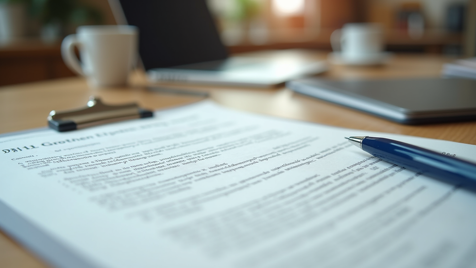 Eye-level view of a legal document with a pen on a wooden desk