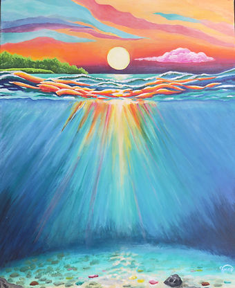 Deep Seek - Colourful seascape with sunset, ocean waves, and underwater light rays.