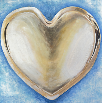 Cruel world - Abstract oil painting of a golden heart set against an icy blue background, suggesting warmth held within coldness.