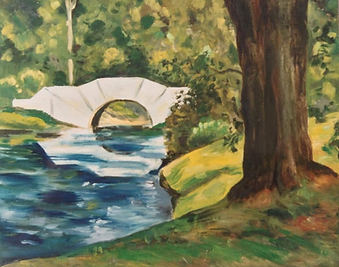 Oil Painting of a wooded river landscape with a large tree in the foreground and a pale stone arch bridge crossing the water.
