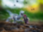 LEGO pirate runs from a blurred dinosaur in a forest, with flying debris and dramatic motion blur.