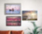 Three framed photos: a Metal Print of a breaching whale with birds at sunset, a Metal Print of a couple in wedding attire at the seaside, and a Metal Print of a roller coaster by a pink sky.