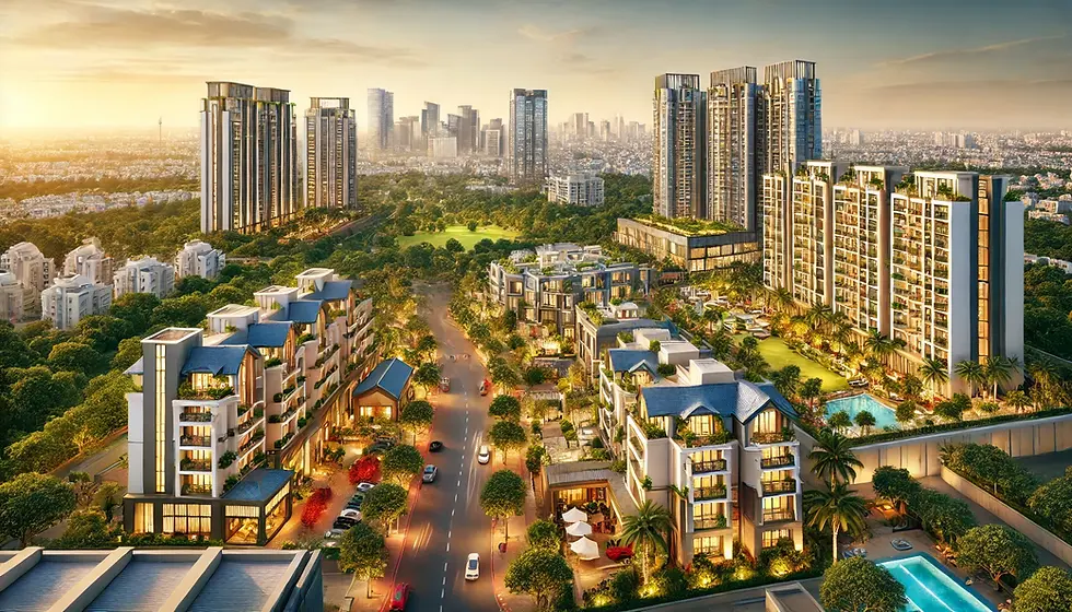 Aerial view of a modern urban landscape with tall buildings, lush greenery, pools, and a winding road. The sunset casts a warm glow.